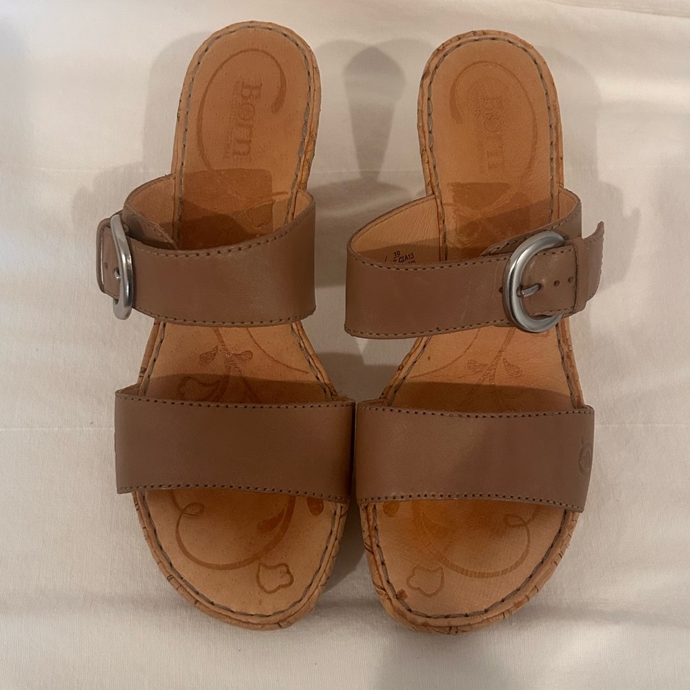 Born Cork Wedge Sandals – Tan Leather (Size 8 / 39)